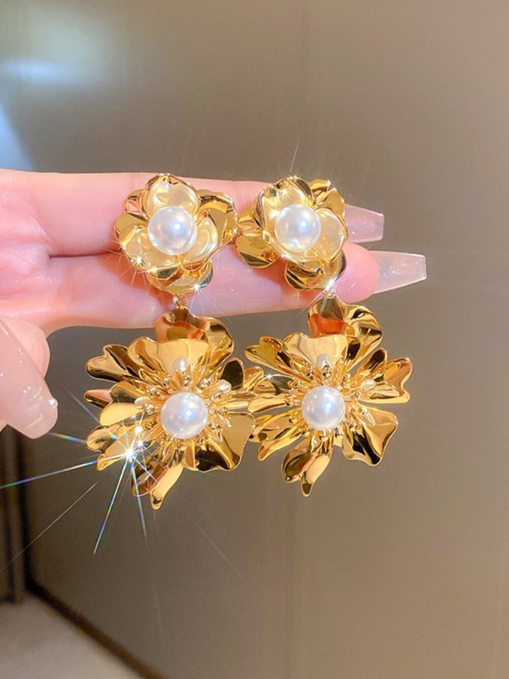 Gold Floral Pearl Drop Earrings Statement Flower Earrings Vintage Luxury Style